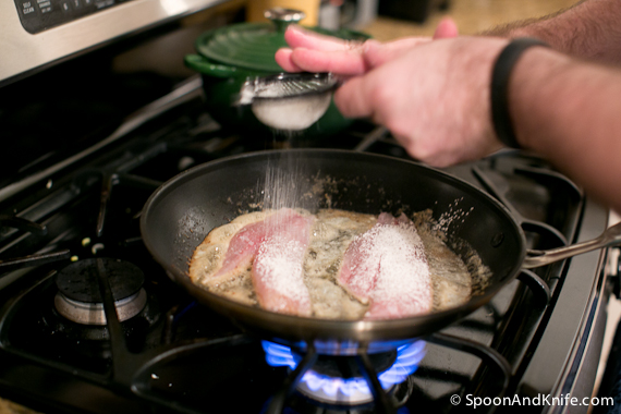 Vermilion Snapper in the pan, coating with corn starch