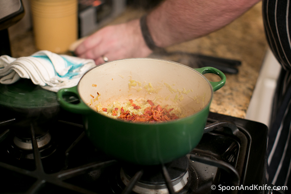 Adding the bacon to the leeks