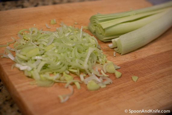 Preparing the leeks for our side dish