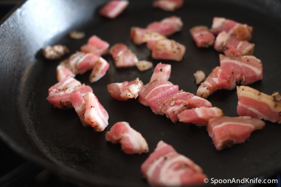 Cooking the bacon lardons for the Benny BLT