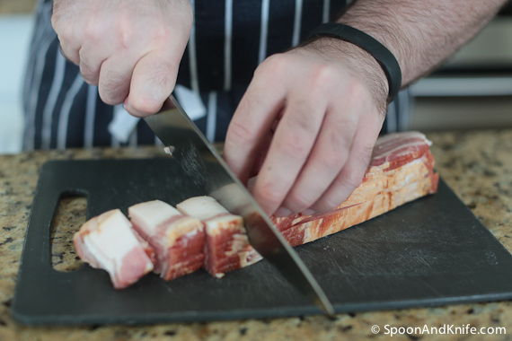 Cube the bacon for the meat grinder