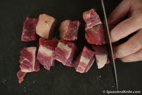 Brisket, cubed, ready for the meat grinder